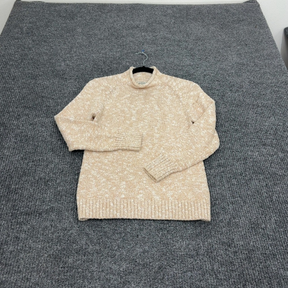 LL Bean Sweater Womens XS Tan Cotton Mock Neck Marled Raglan Casual Classic